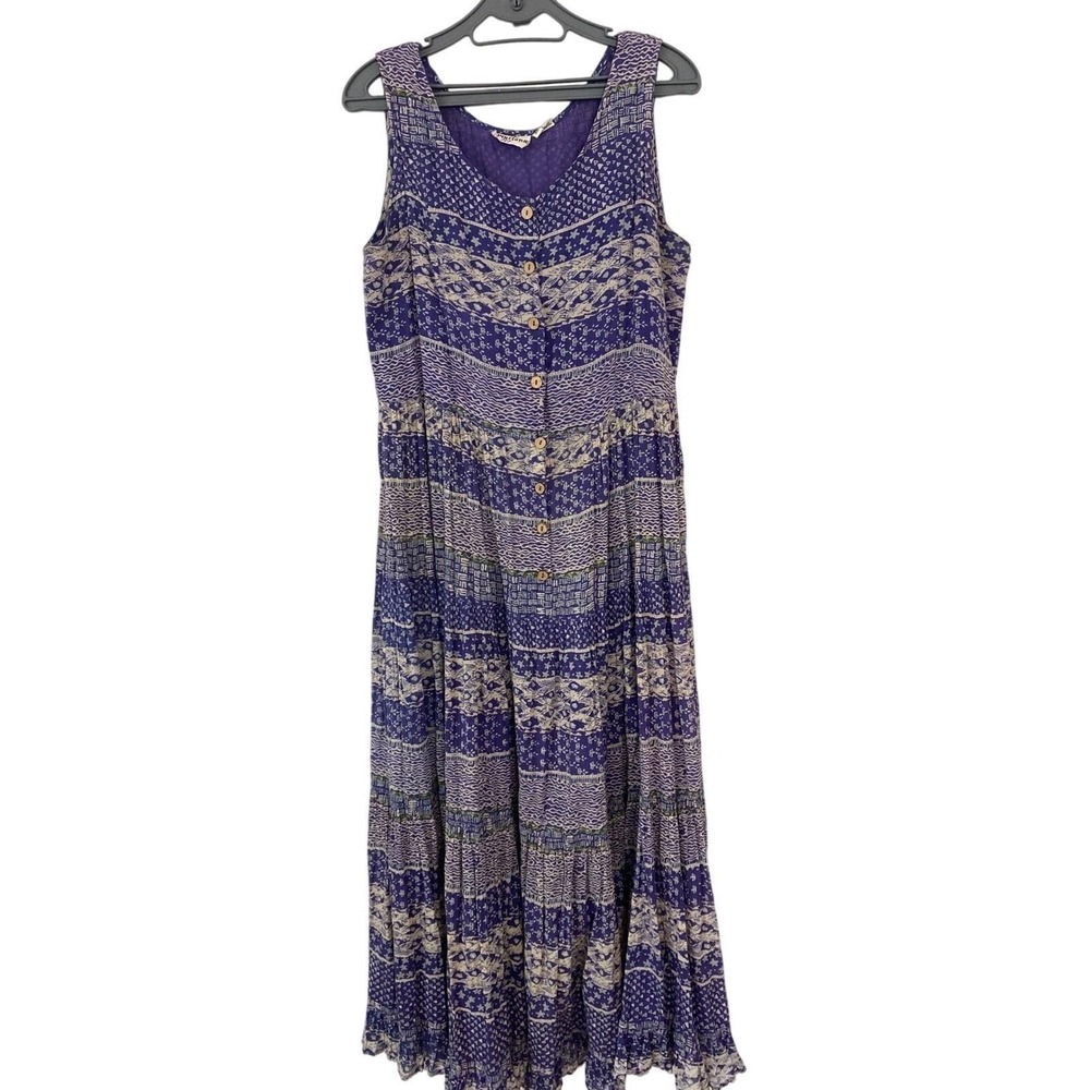 Sportique Vintage Purple Cotton Geometric Tiered Boho Maxi Dress Large